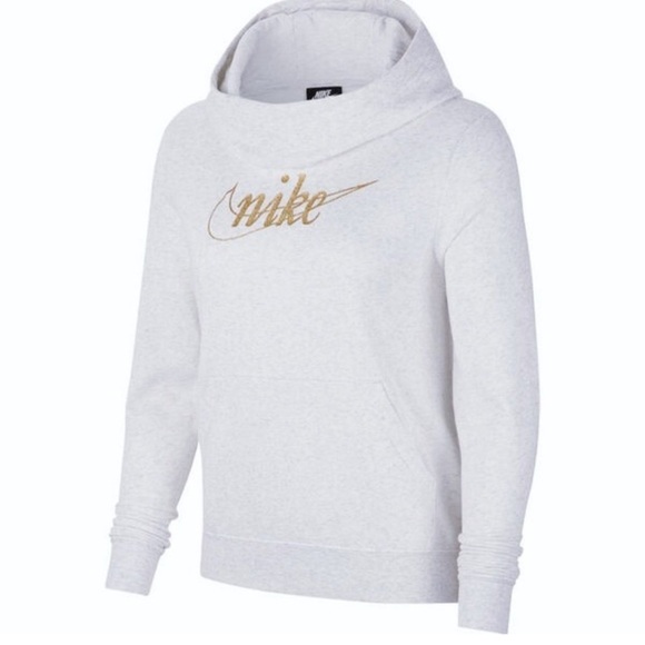 Nike Sweaters - Nike Gray w/ Gold Glitter Swoosh Funnel-Neck Hoodie